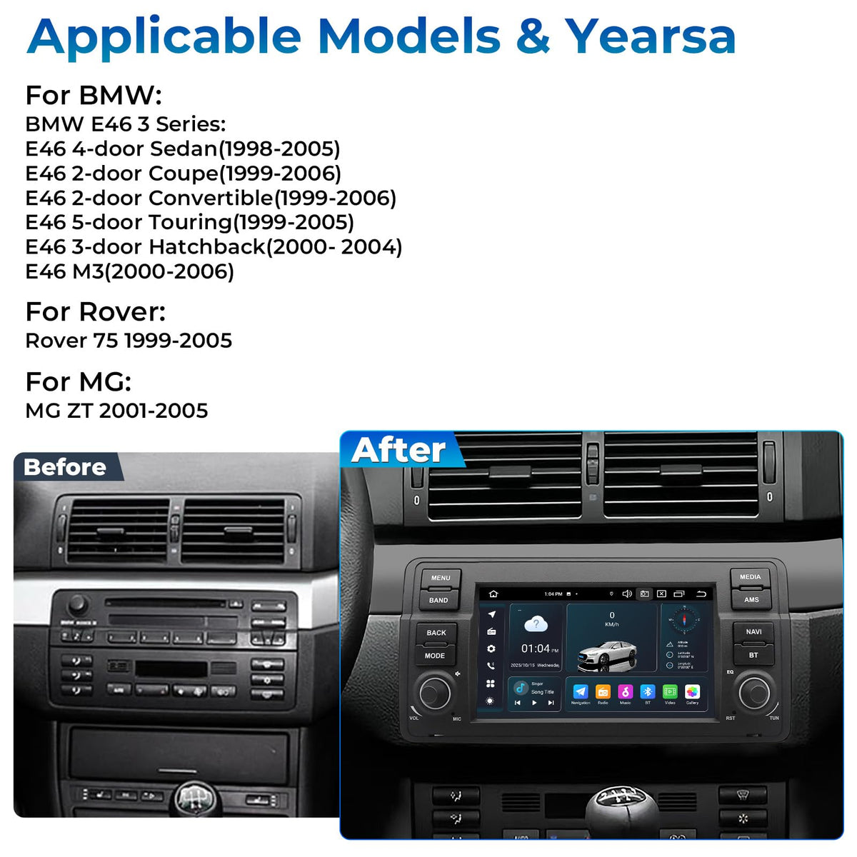 SWTNVIN Car Radio for BMW 3 Series E46 M3 Rover MG ZT 1999-2005 Android 14 CarPlay & Android Auto Stereo Built-in 4G LTE 5.0 WiFi DSP Bluetooth5.0 GPS SWC Octa-core 6GB RAM 64GB ROM (No DVD)