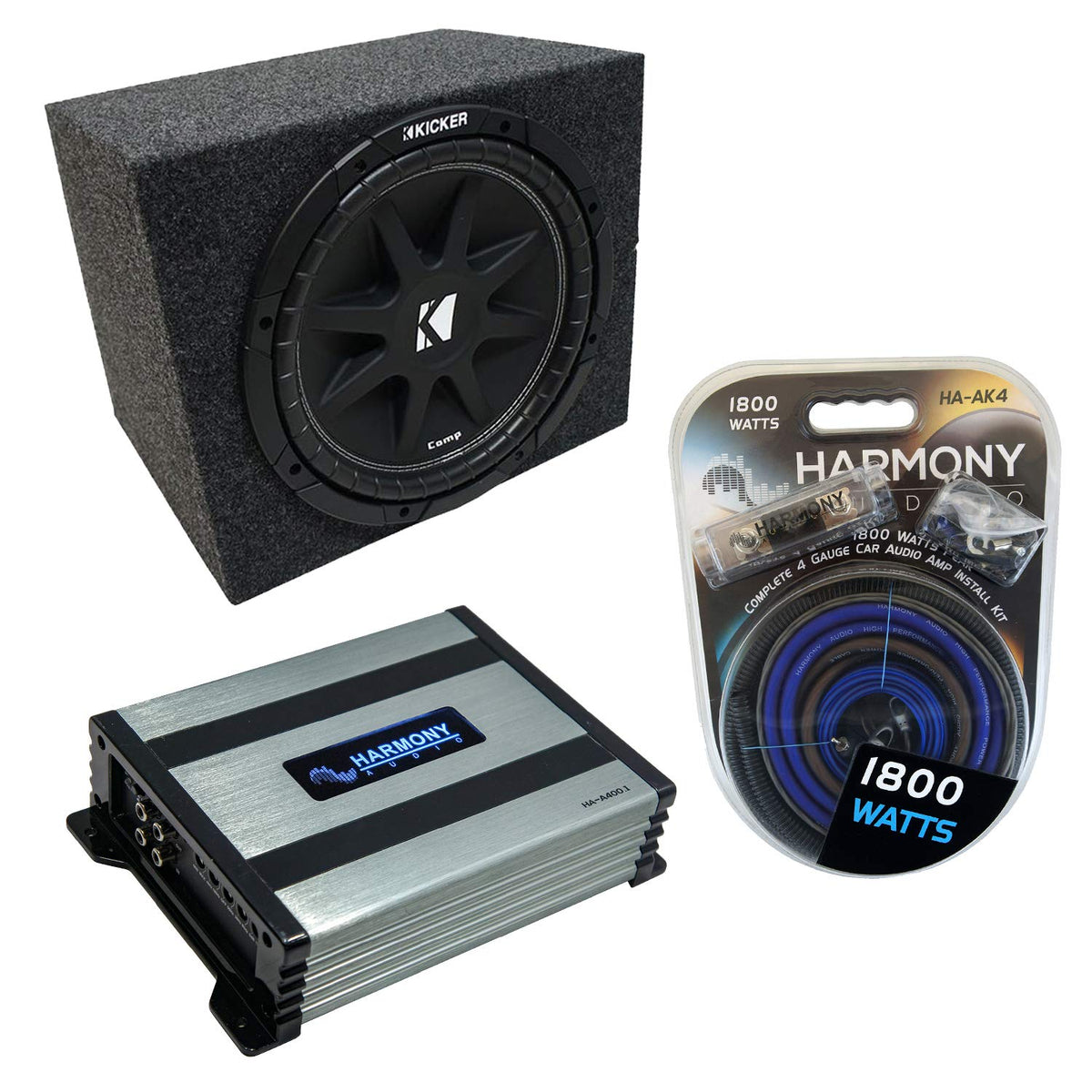 Harmony Audio Universal Car Stereo Rearfire Sealed Single 10" Kicker Bundle Comp C10 Sub Box Enclosure & Harmony HA-A400.1 Amp