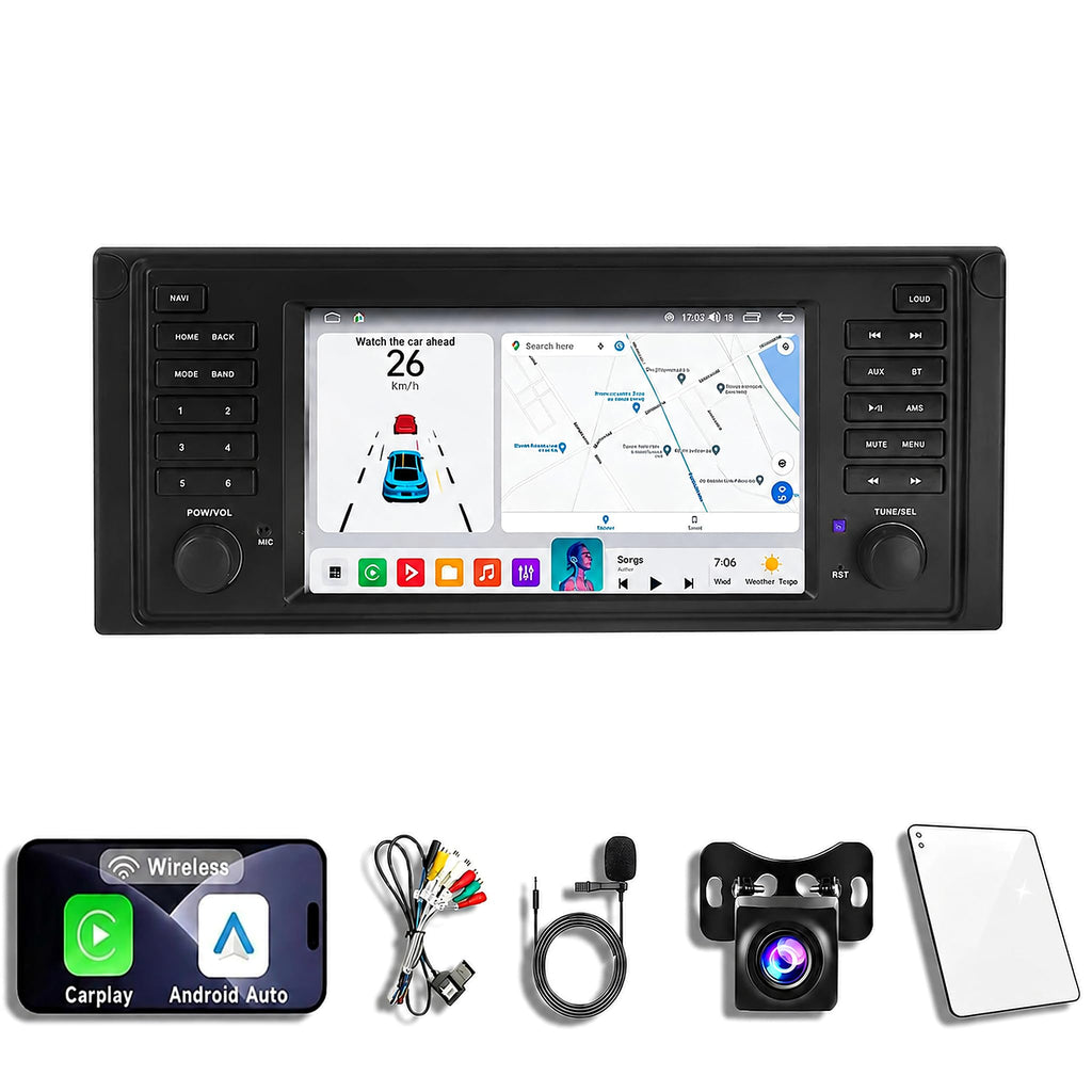 Android 14 Car Radio Stereo for BMW E53 X5 E39 M5 E38 1999-2007, 7" Touchscreen, Wireless CarPlay Android Auto, GPS, BT, SWC, WiFi 5G, DSP, FM RDS, Camera, 6m Extension, Dash Kit