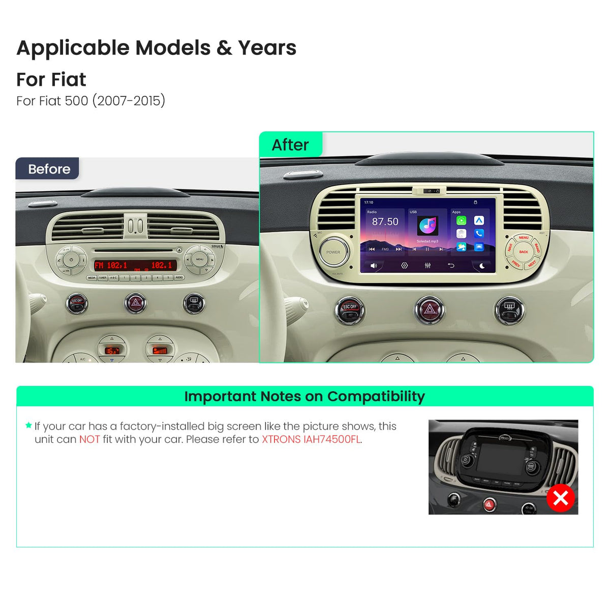 XTRONS 7" Car Stereo for Fiat 500 2007-2015, Wireless CarPlay, DSP(Cream)