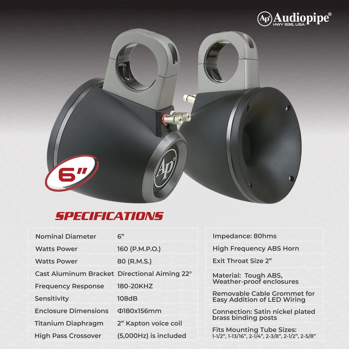 Audiopipe APMP-H505TWR 6" Marine Wakeboard Tower Compression Driver Speaker 160 Watts