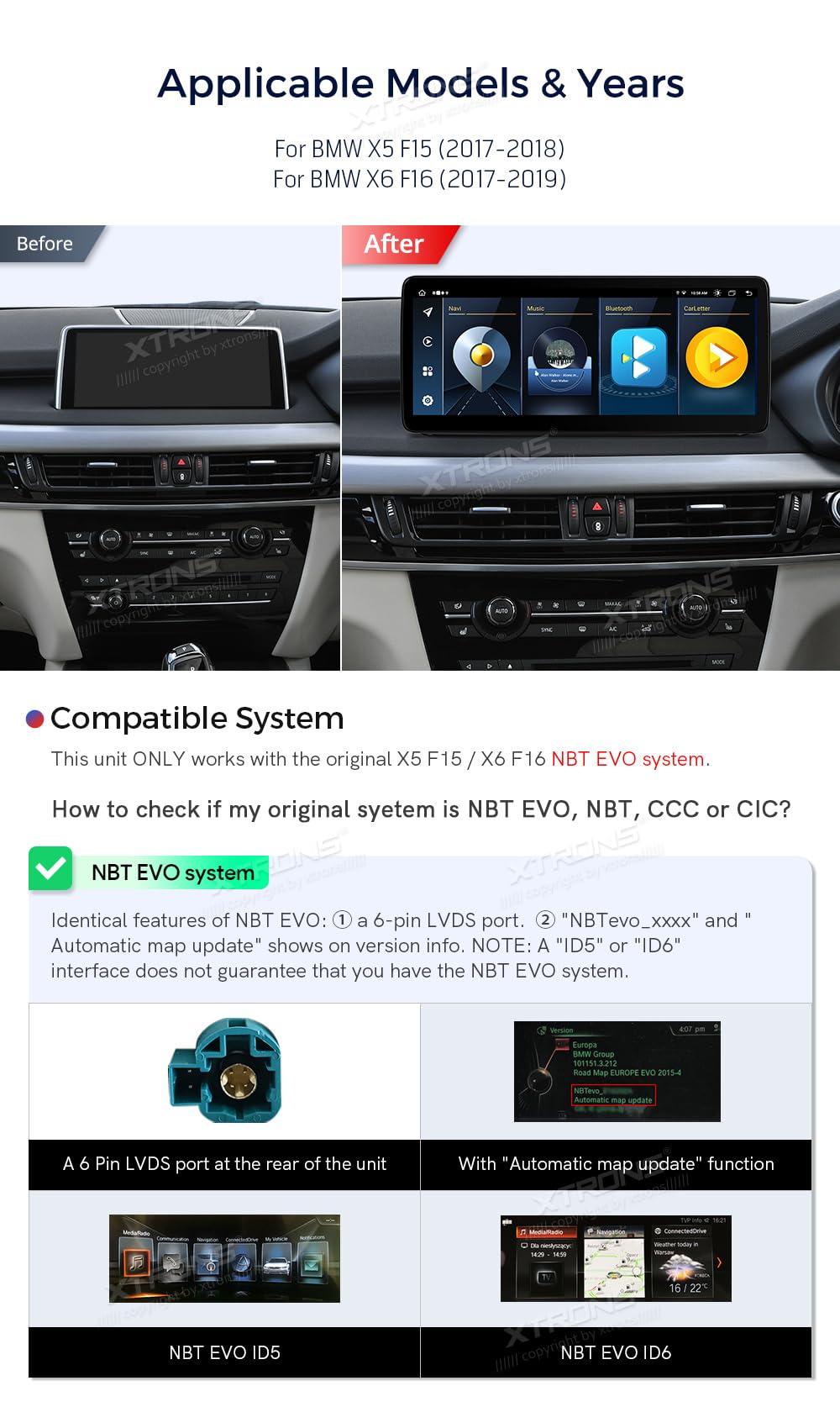 XTRONS 12.3 Inch Android 14 Car Stereo for BMW X5 F15 X6 F16 2017 2018 2019 NBT EVO System, IPS Touch Screen 4+64GB Global 4G Car Radio GPS Navigation Support Wireless Car Play Android Auto