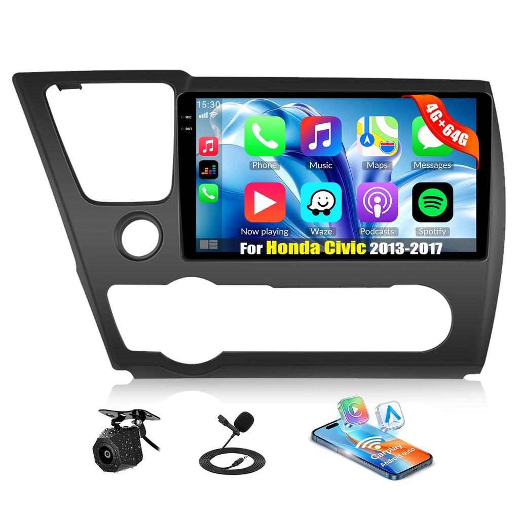 SIXTOP 4G+64G Android Car Stereo Radio for Honda Civic 2013-2017 Wireless CarPlay Android Auto Bluetooth 5.0 GPS 9 Inch HD Touch Screen WiFi FM/RDS Type-C 32EQ SWC AHD Backup Camera