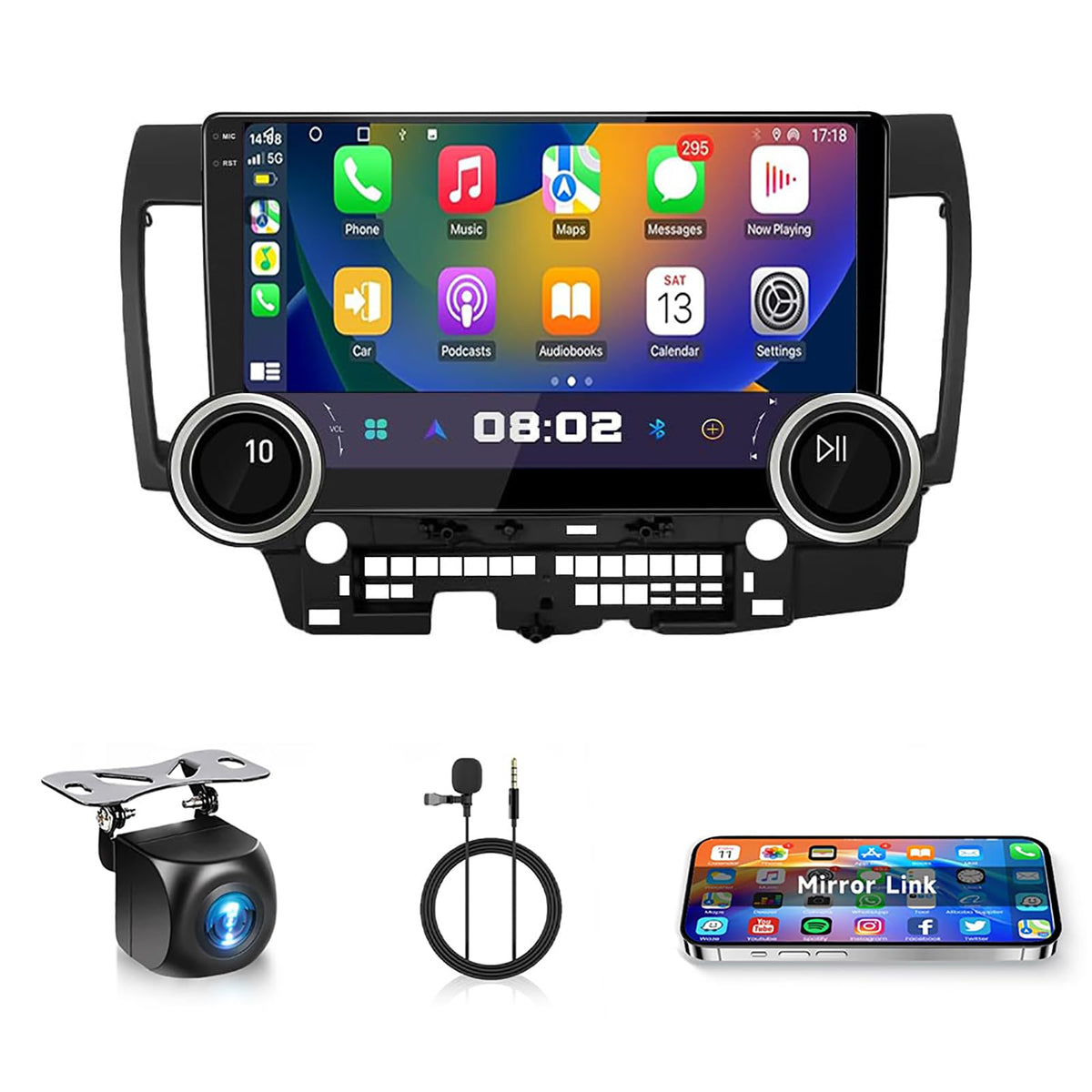 10.1'' Dual Knobs Android Car Stereo for Mitsubishi Lancer 2008-2017 with Wireless Carplay Android Auto,Touchscreen Radio with GPS/Bluetooth/FM/Wi-Fi Mirror Link Backup Camera SWC 2+64G