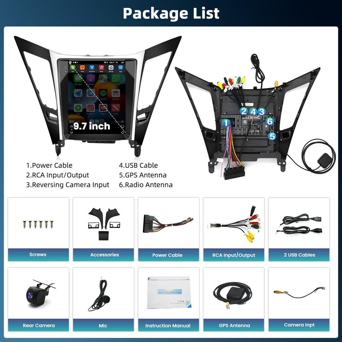 Android 15 Car Stereo Radio for Hyundai Sonata 2011-2015 9.7inch Touchscreen with Wireless Carplay Android Auto GPS Navigation, WiFi, Bluetooth, FM/RDS Radio, HiFi, SWC+Rear Camera (2+32G)