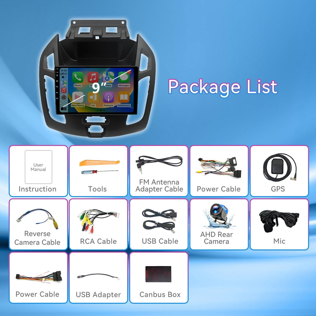 Android 14 Car Radio Compatible with Ford Transit Connect 2014-2018,Touchscreen Car Stereo with Wireless Carplay Android Auto,FM,Multimedia Receiver with GPS Bluetooth ＆ Backup Camera(9 Inch