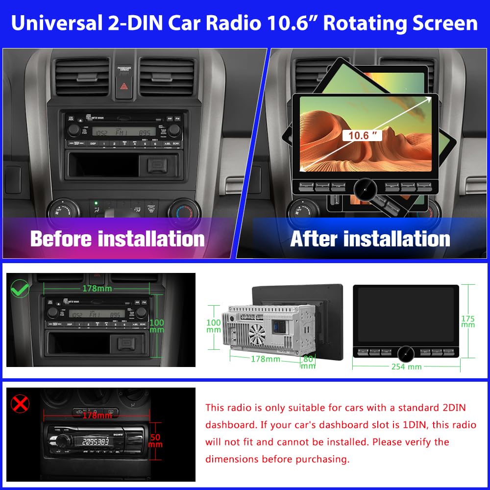 10.6" Double Din Car Radio with Wireless CarPlay & Android Auto