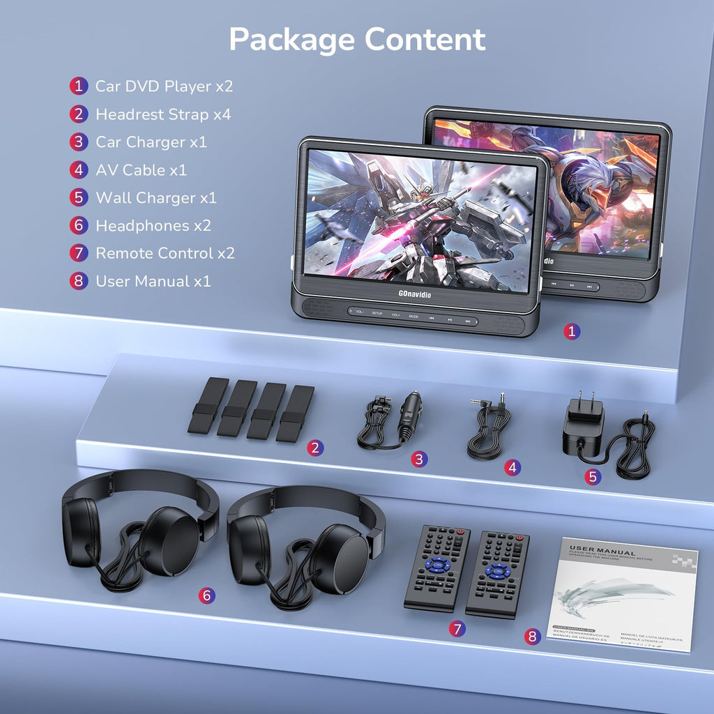 12" Dual Car DVD Players with 2 Headphones, HDMI in Put, 5 Hour Battery,MP4