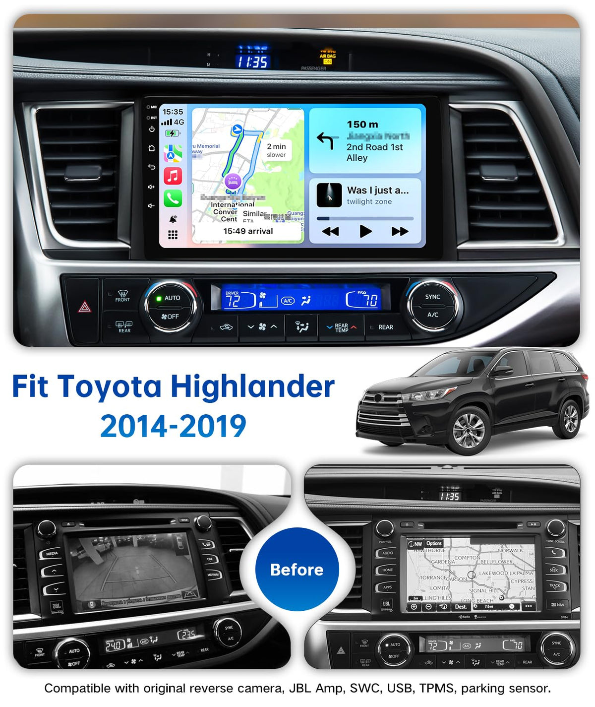 6GB+128GB 8-Core Car Radio for Toyota Highlander 2014–2019, 10.2" QLED Wireless CarPlay Stereo, Android 13, Android Auto, JBL Amp, Backup Camera, SWC, 48EQ DSP, 4G LTE