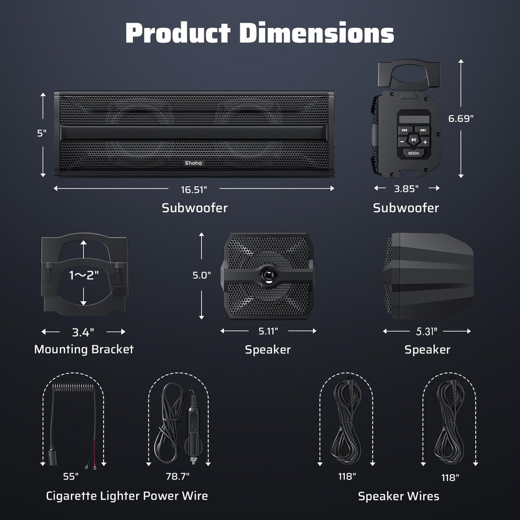 Ehaho 2.1CH Stereo UTV Sound Bar, 16.9 Inch Bluetooth UTV Speakers with RGB