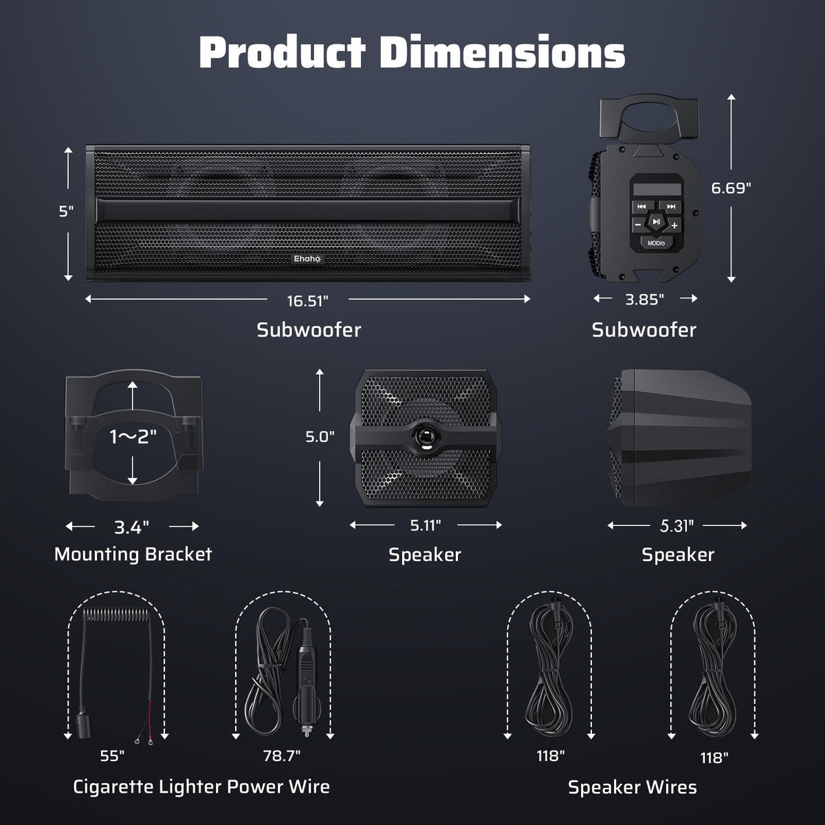 Ehaho 2.1CH Stereo UTV Sound Bar, 16.9 Inch Bluetooth UTV Speakers with RGB