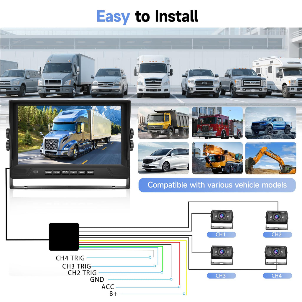 4 Channel 9 inch IPS Backup Camera System with Monitor for Tracks, RVs, Tractors, Bus, CementTruck, HD 1080P Wired Reverse Camera Waterproof Night Vision 4 Cameras Support Recording, Plug and Play