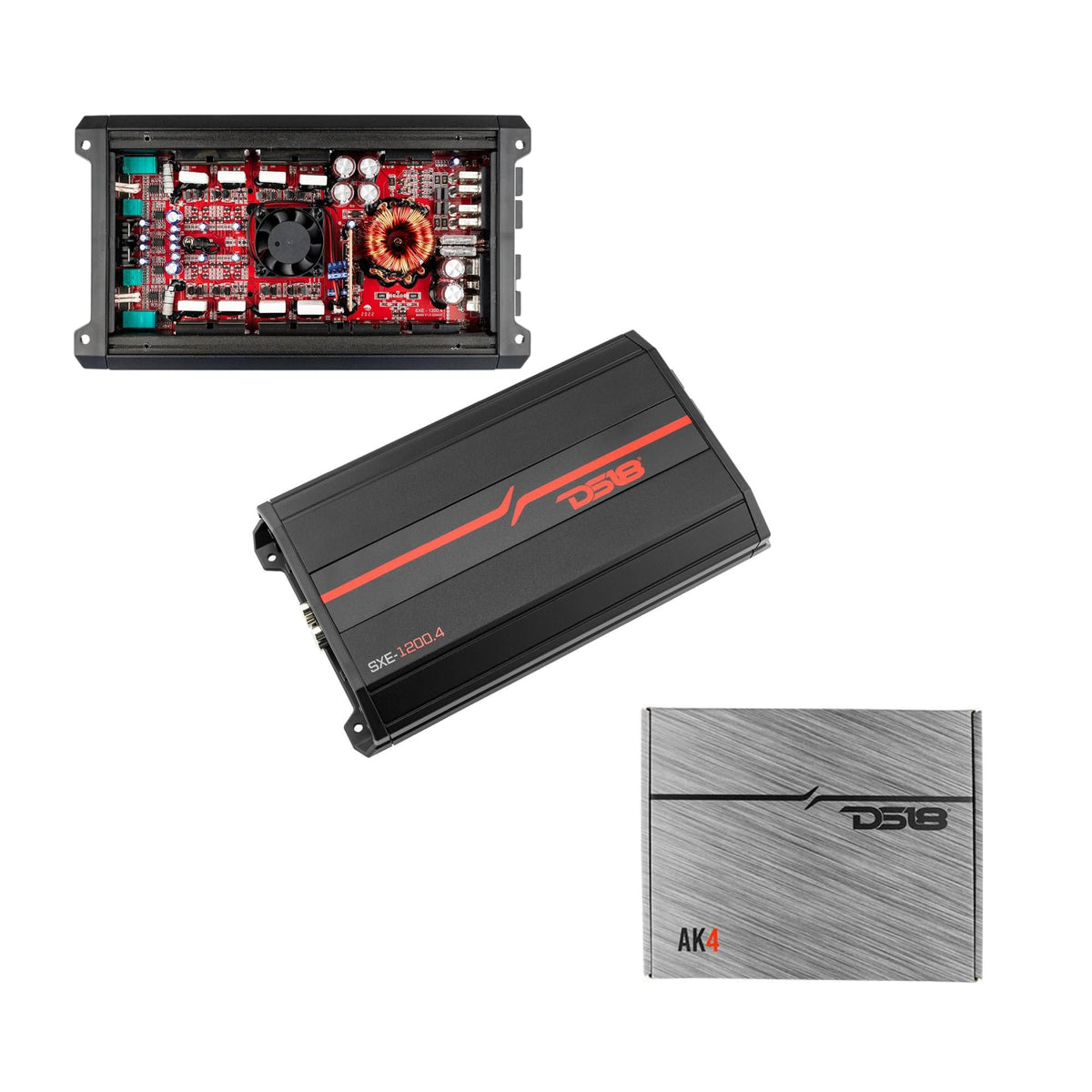 DS18 SXE-1200.4/BK 1200W 4-Channel Class A/B Car Amplifier + AK4 4 Gauge Amplifier Wiring Kit Bundle – Complete 1200W Car Audio Upgrade Package