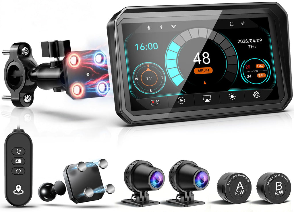 2026 LBW 6" Portable Motorcycle CarPlay GPS(Includes 128G SD), with Wireless Android Auto, Dual 2K Dash Cam/Recorder, Navigation, HD Waterproof Touchscreen, Quick-Release Magnetic Bracket, TPMS, BT