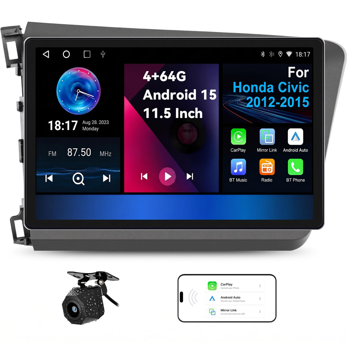 [4+64GB] 11.5 Inch Android 15 Car Stereo for Honda Civic 2012-2015