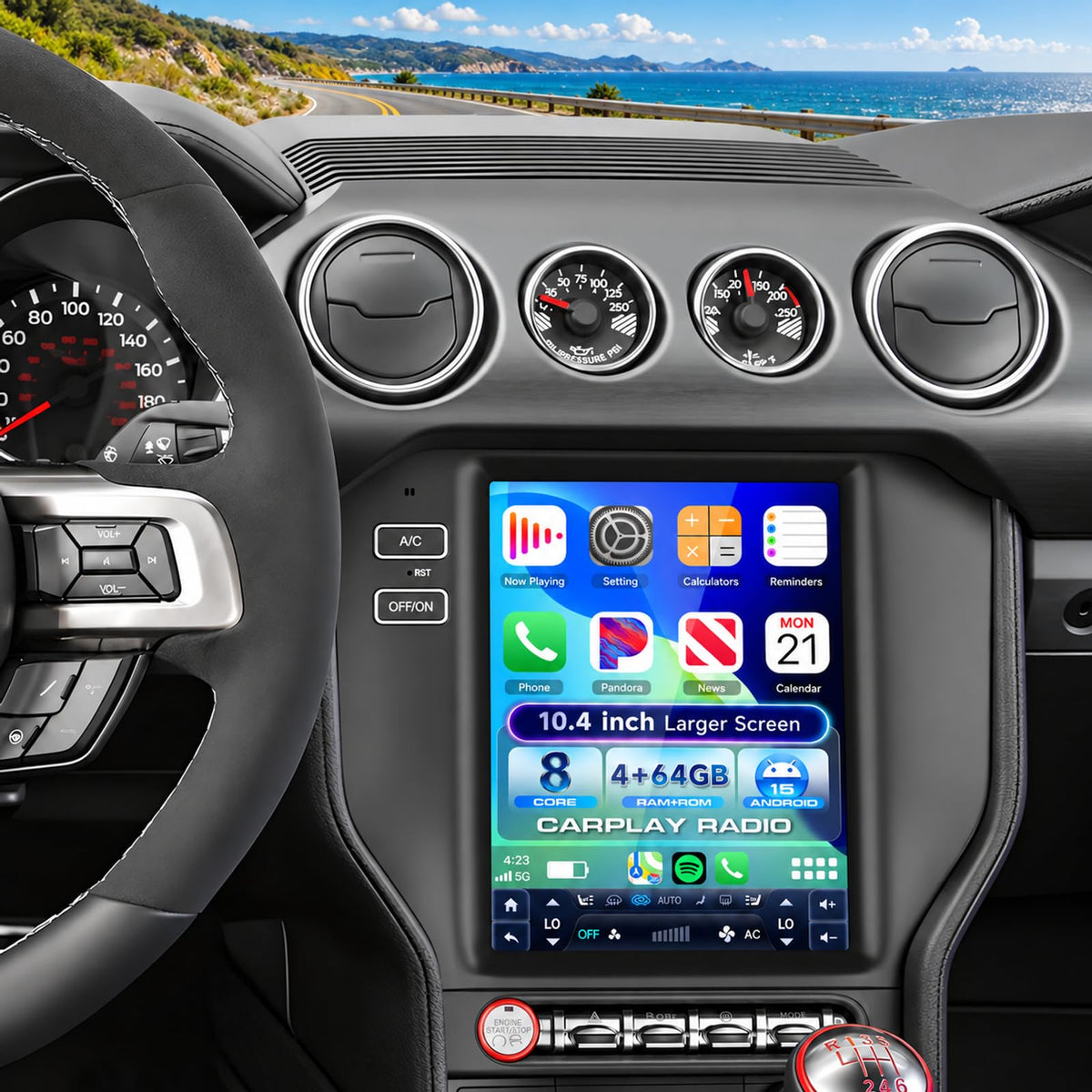 8 Core+64G Car Radio for Ford Mustang 2015–2023 Upgrade Android 15 Tesla Style Vertical Car Stereo with IPS Touchcreen, Support Factory Cam with Wireless CarPlay & Android Auto Weather AM/FM/DSP WiFi