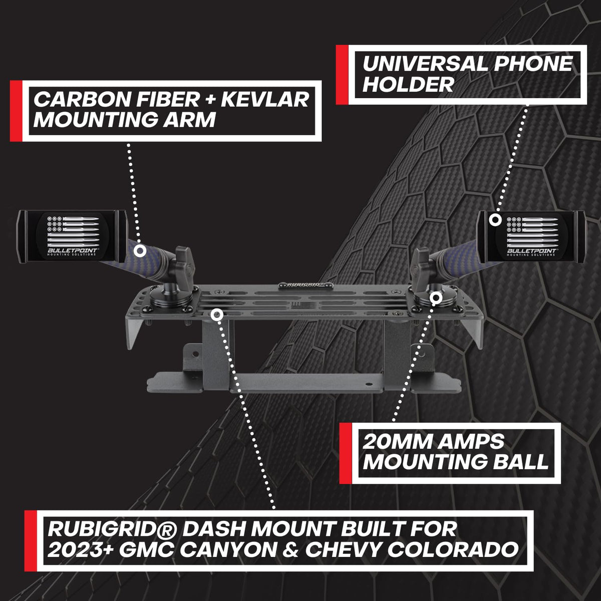 Bulletpoint RubiGrid Metal Dash Mount with 2 Phone Holders Bundle Compatible with 2023+ Chevrolet Colorado & GMC Canyon