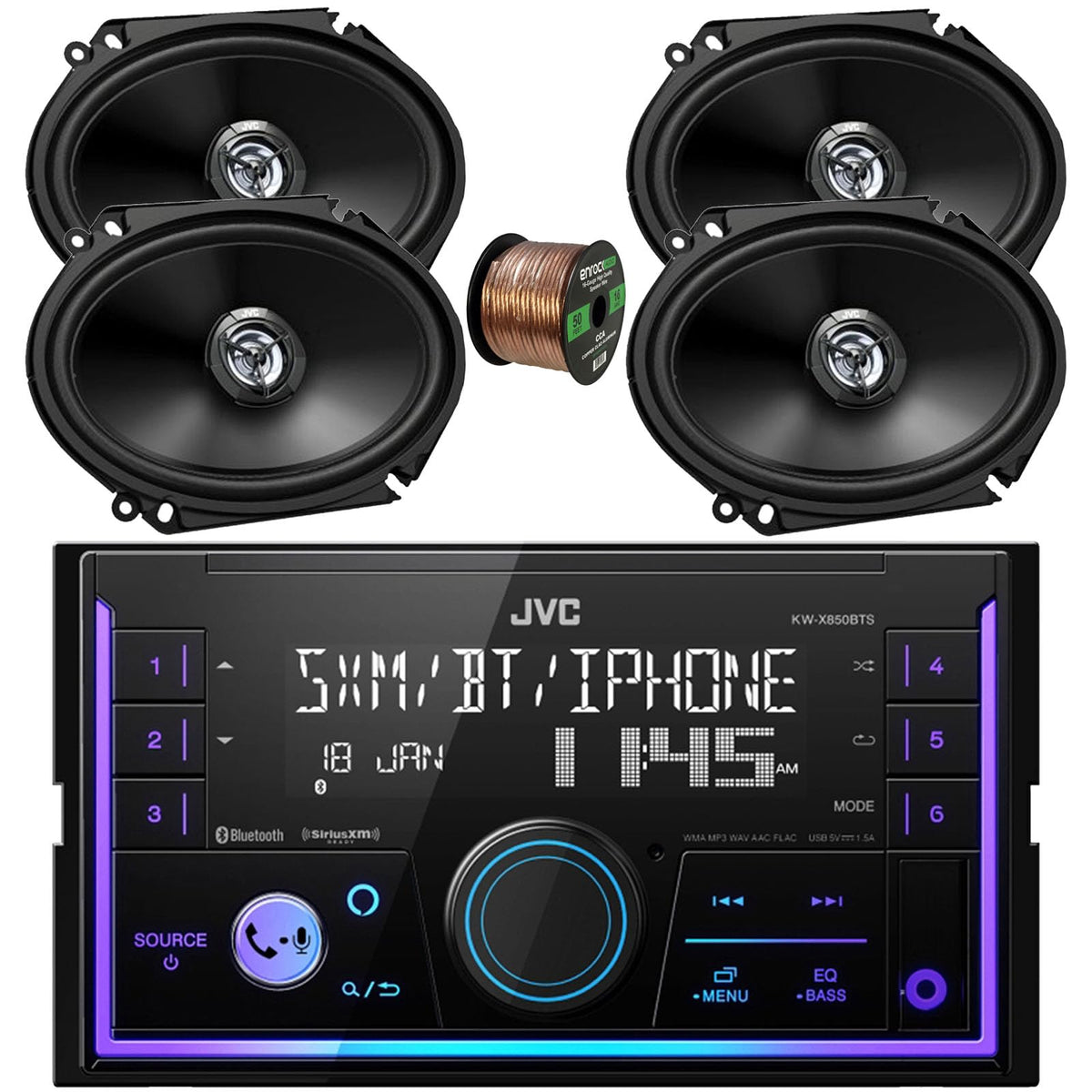 JVC in-Dash Double DIN USB/AUX Bluetooth AM/FM Stereo Digital Media Car Radio Receiver, 4X 6x8 300 Watt Max Power 2-Way Vehicle Audio Speakers, 16 Gauge 50 ft Speaker Wire