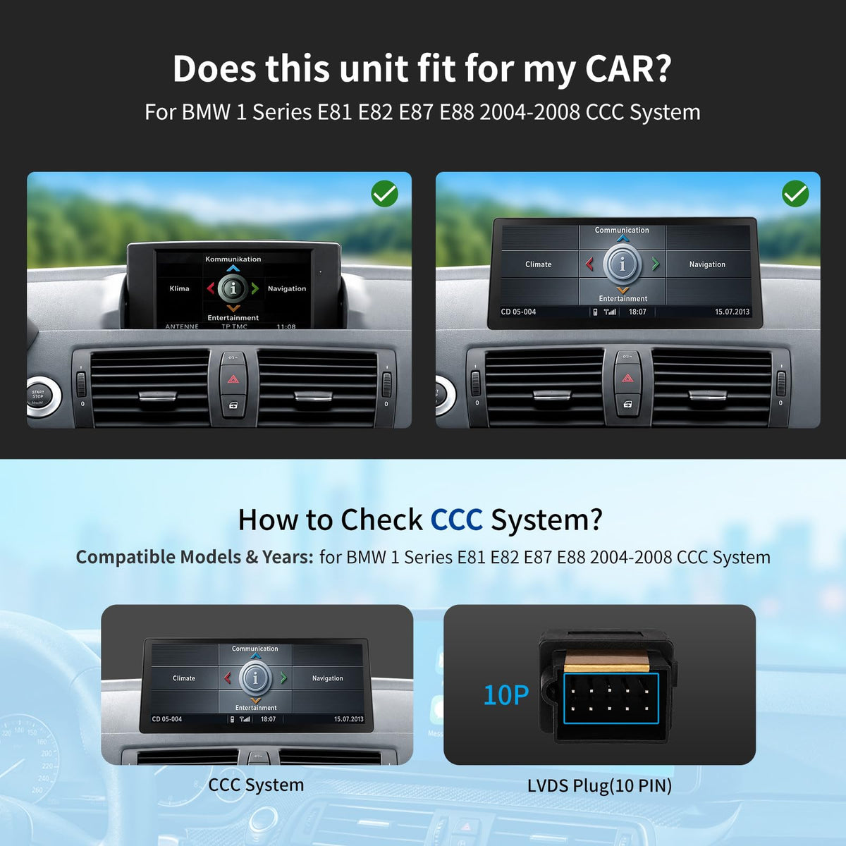 Wireless Android Auto Carplay Screen for BMW 1 Series E81 E82 E87 E88 2004-2008 with CCC System Support Mirrorlink Bluetooth Siri 10.25 Inch Car Screen Radio