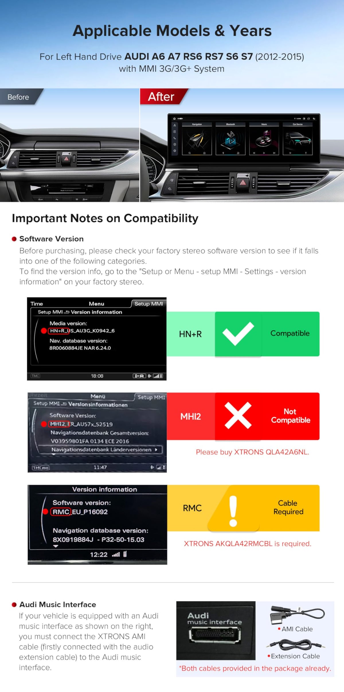 XTRONS 14.9 Inch Android 13 Car Stereo for Audi A6 A7 RS6 RS7 S6 S7 2012-2015 MMI 3G/3G+ System, 2K IPS Touch Screen 4+64 GB 4G LTE Car Radio GPS Navigation Support Wireless CarPlay Android Auto