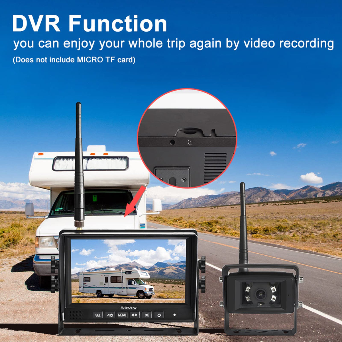 Haloview MC7108 Wireless RV Backup Camera System 7'' Monitor Built in DVR Rear View Camera with Infrared Night Vision and Wide Viewing Angle for Truck/Trailer/RV/Pickups/Camping Car/Van/Farm