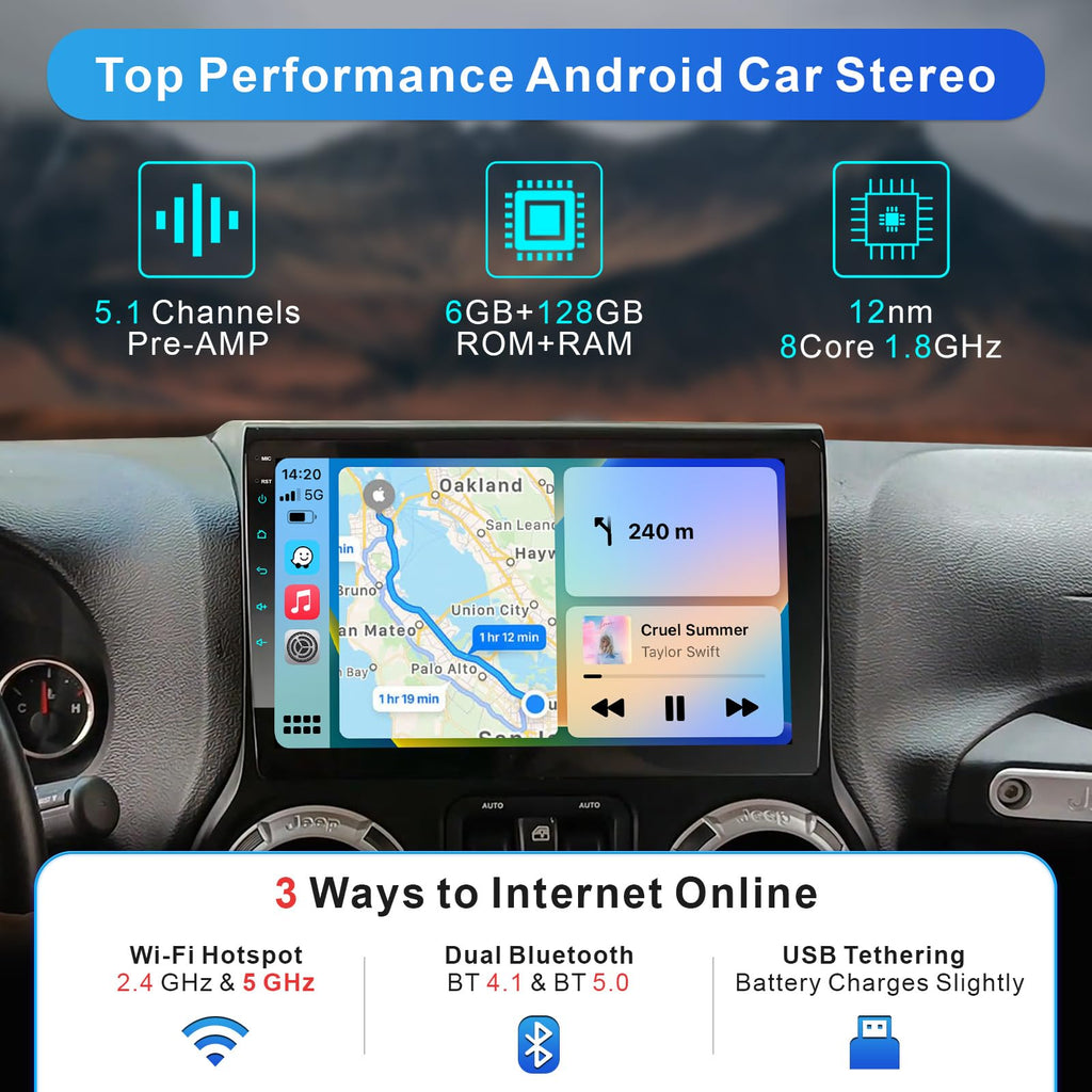6GB+128GB Wireless CarPlay Car Radio for Jeep Wrangler 2015 2016 2017 Wireless Android Auto Android 10 Car Stereo 10.1 Inch QLED Touch Screen AM/FM WiFi Dual Bluetooth GPS Navigation Head Unit