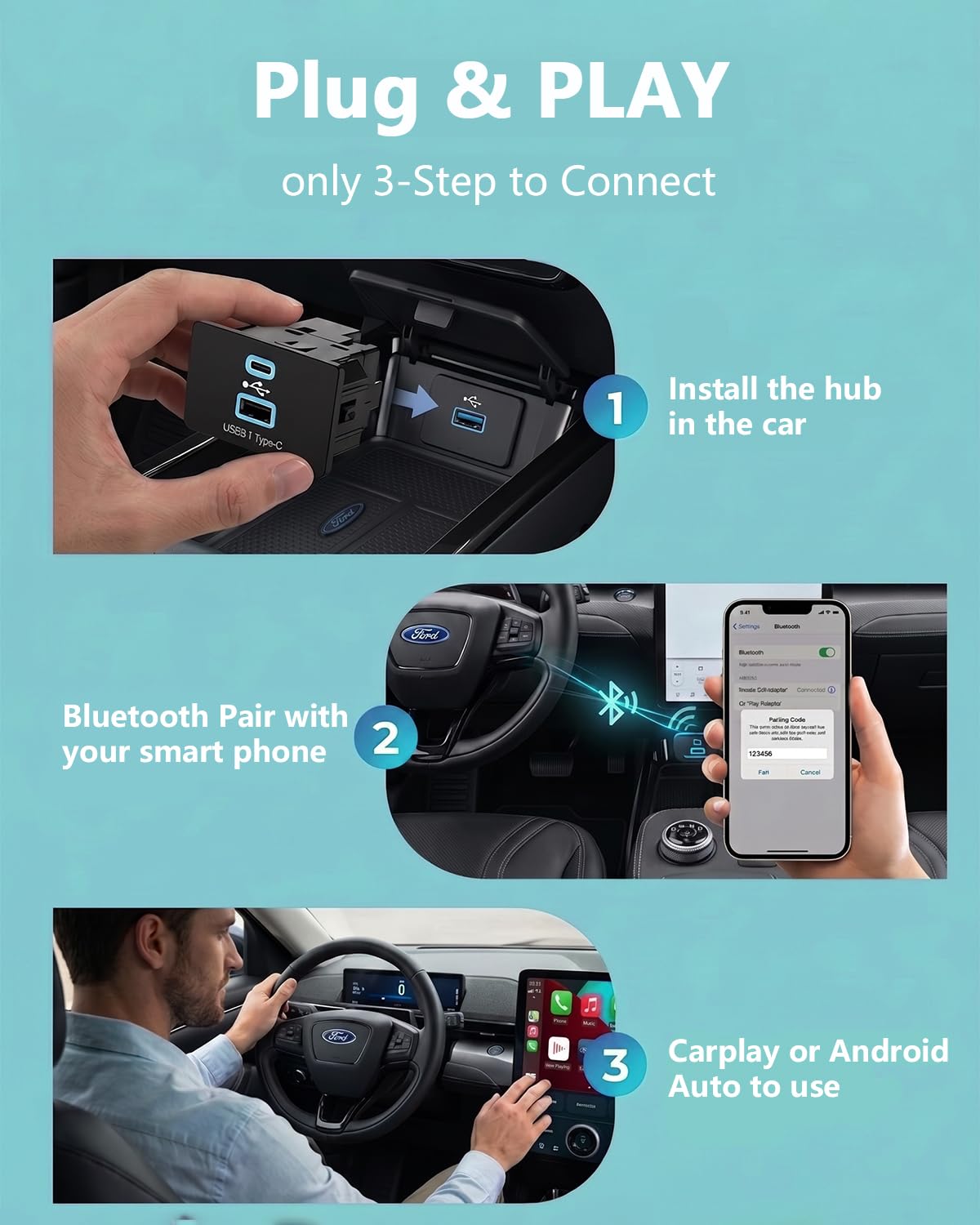 Wireless CarPlay for Ford Sync 3 USB Hub for Apple Carplay & Android Auto