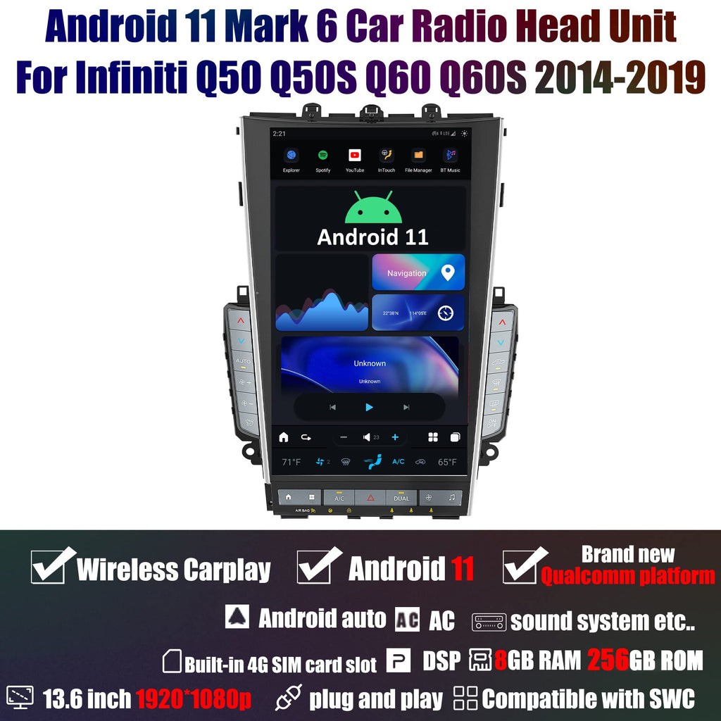 Aucar Mark 6 13.6 Inch T-Style Android Car Radio Head Unit for Infiniti Q50 Q50S Q60 Q60S, 1080P Multimedia Stereo Video Player with Wireless Carplay, GPS Navigation, OEM Functions 8+256 GB 2014-2019