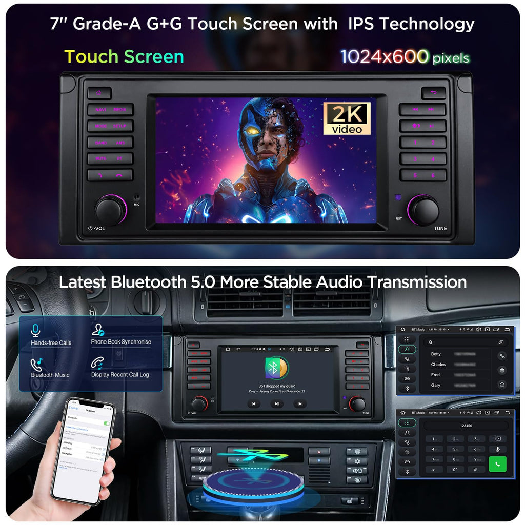XTRONS 7 Inch Android 14 Car Stereo for BMW E39 M5 1999-2003 E39 1995-2003, Touch Screen 4+64GB Car Bluetooth Head Unit Global 4G LTE Car Radio GPS Navigation Support Wireless Car Play Android Auto