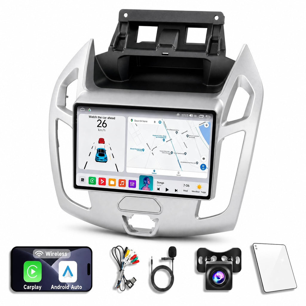 SILVER-8-CORE 4+64G Android 14 Car Radio Stereo for Ford Transit Connect 2014-2018, 9 Inch Touch Screen Dash Kit with Wireless CarPlay Android Auto GPS Navigation Bluetooth SWC WiFi 5G DSP RDS FM Cam