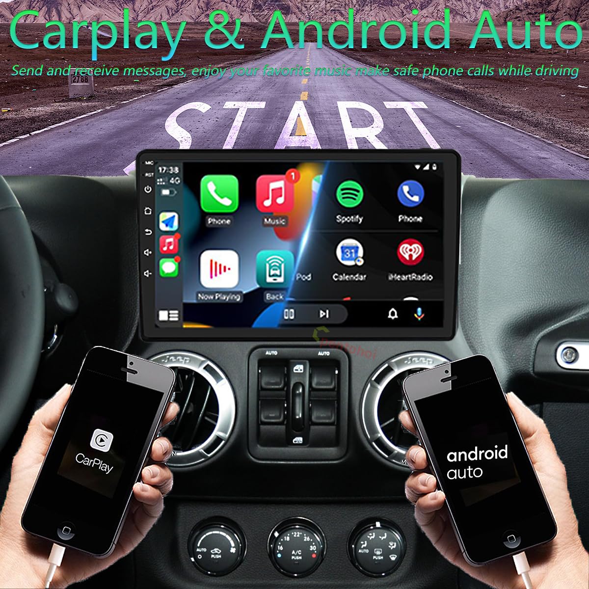 Android 14,8GB+128GB,Car Stereo Radio for Jeep Wrangler JK Compass Grand Cherokee Dodge Ram 1500, 10 inch QLED Touchscreen Support Wireless CarPlay Android Auto GPS Bluetooth FM SWC