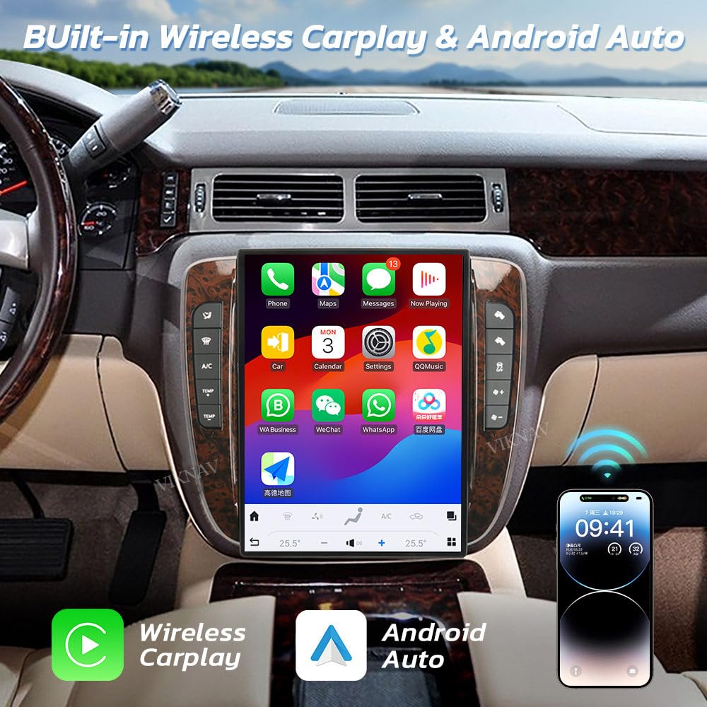 14 Inch Qualcomm Android Car Radio for GMC Yukon Chevy Silverado Suburban Tahoe 2007-2013 Touch Screen Wireless Carplay GPS Navigation Upgrade Stereo Head Unit Replacement (Manual AC)