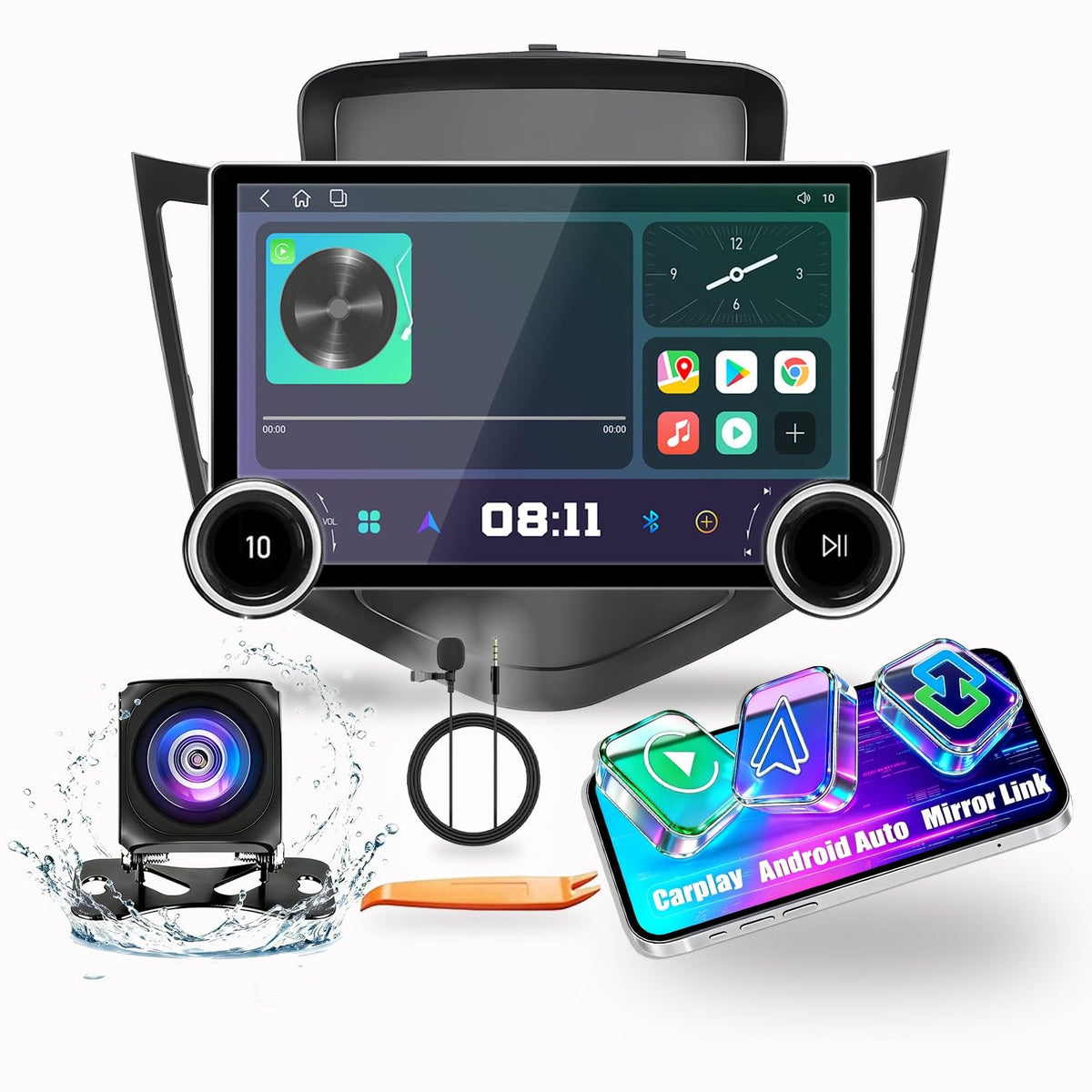 for Chevrolet Cruze 2008-2016 Display Knobs CarPlay/Android Auto Autoradio Android FM Radio Car Navigation Stereo Pad Player GPS 10.1" QLED Touch Screen BT WiFi 2 Din Headunit Tablet Quad Core 2G+64G