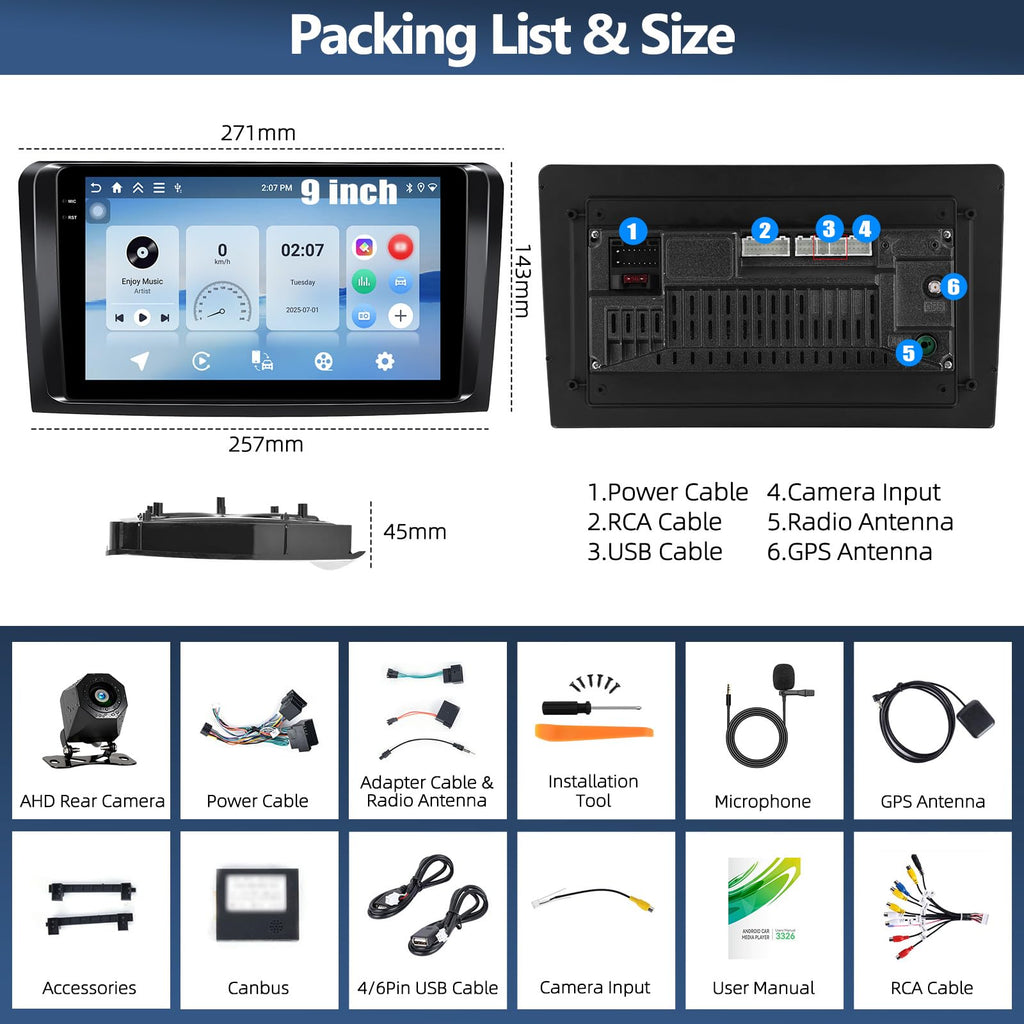 4G+128G Car Radio Stereo for Mercedes Benz ML GL Class W164 X164 ML350 GL450 2005-2011, Wireless CarPlay Android Auto 9” in-Cell 1280*720 Touch Screen Head Unit with GPS WIFI Bluetooth Backup Camera