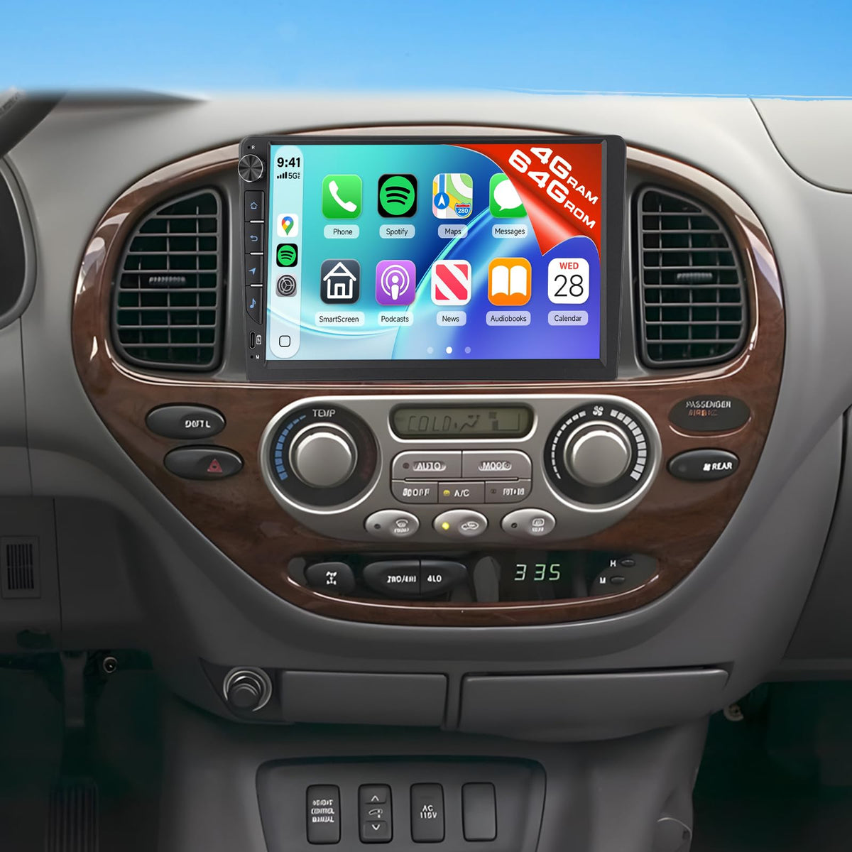 4G+64G Car Radio for Toyota Sequoia 2005-2007, 9 Inch IPS Touch Screen Radio GPS with Wireless Carplay& Android Auto 2 Din Car Radio Bluetooth DSP, WiFi, FM RDS, Type-c, Color Button Light+ Camera