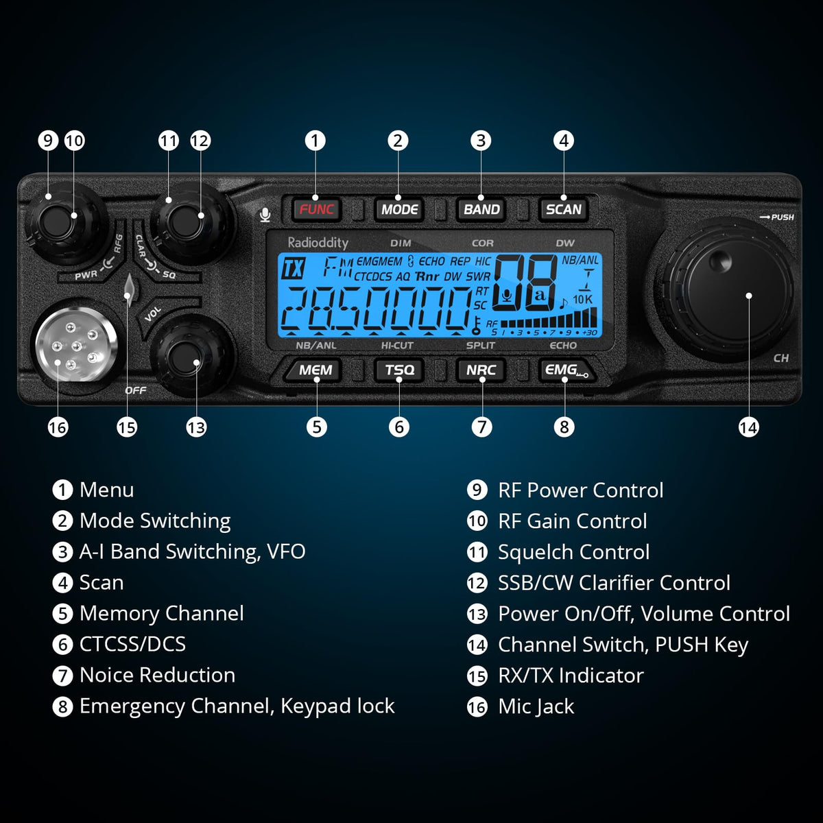Radioddity QT80 10 Meter Mobile Ham Radio SSB/AM/FM/PA 80W, CTCSS/DCS