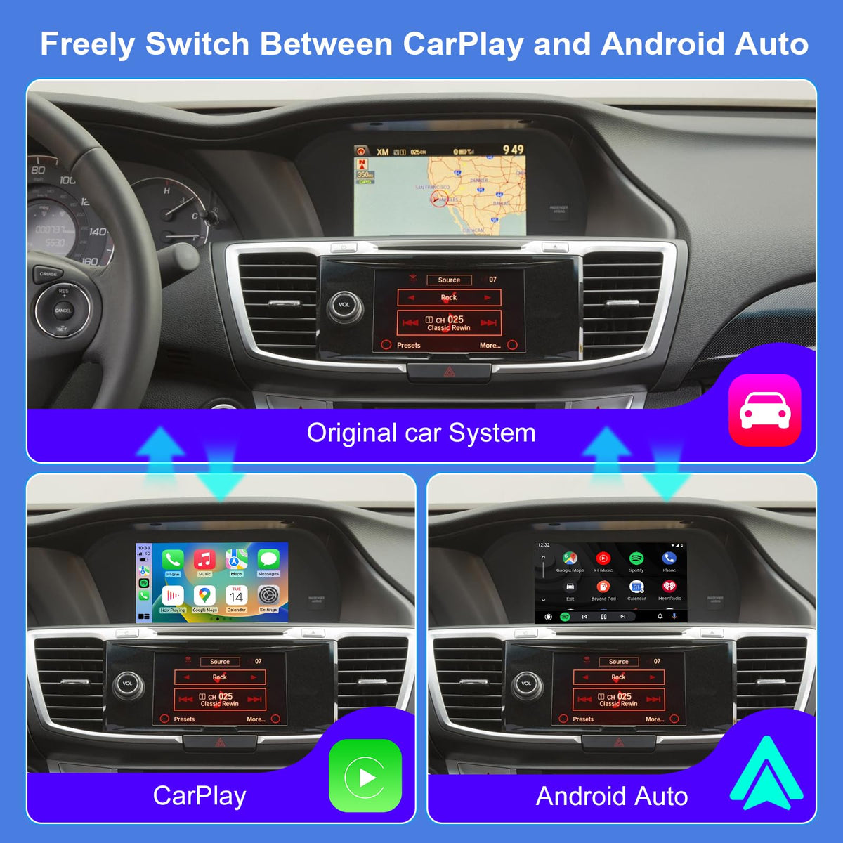 Wireless CarPlay Android Auto for Honda Accord Odyssey 2014-2018, Smart Dual-Screen Module with Control Knob, Video MirrorLink GPS Navigation, Retain Factory Backup Camera & Steering