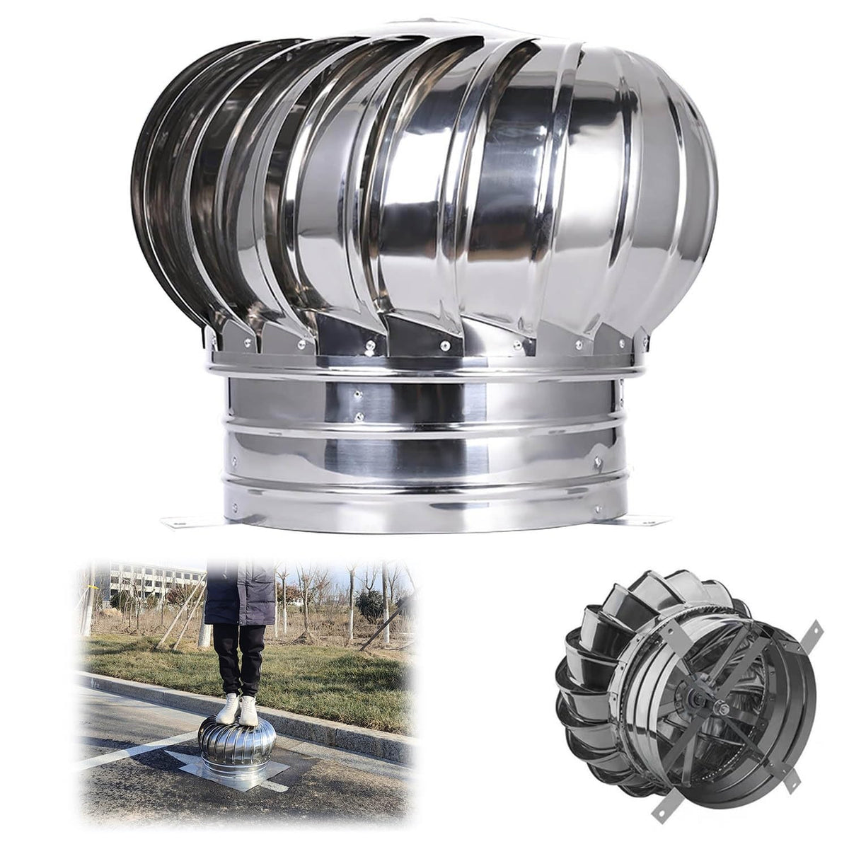 Rotating Wind Turbines Roof NTS, Stainless Steel 304 Roof Ntilator, 4 Inch 8 Inch 10 Inch 12 Inch Air Nt Outlet, Chimney Cowl Attic Air Nt Outlet Ntilating Fan，One Color 200mm/7.9in