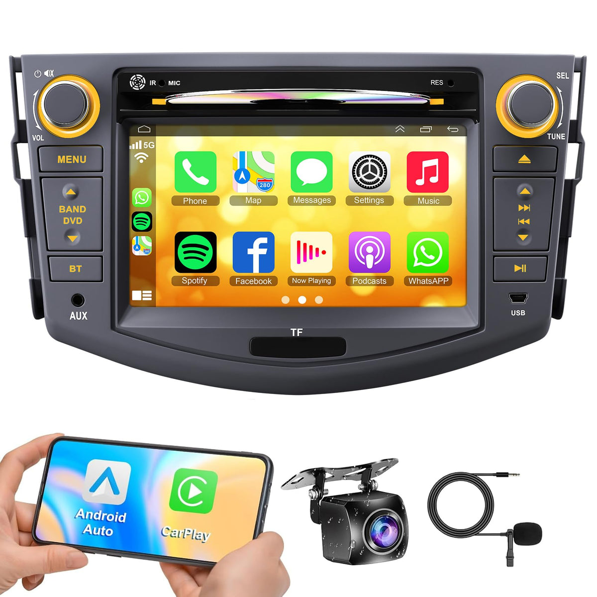 Car Radio for Toyota RAV4 2007 2008 2009 2010 2011 2012, 7-inch Touch Screen Stereo Support CD/DVD,CarPlay&Android Auto, Bluetooth5.2&Voice Control, Backup Camera& SWC,AM/FM Car Radio Receiver