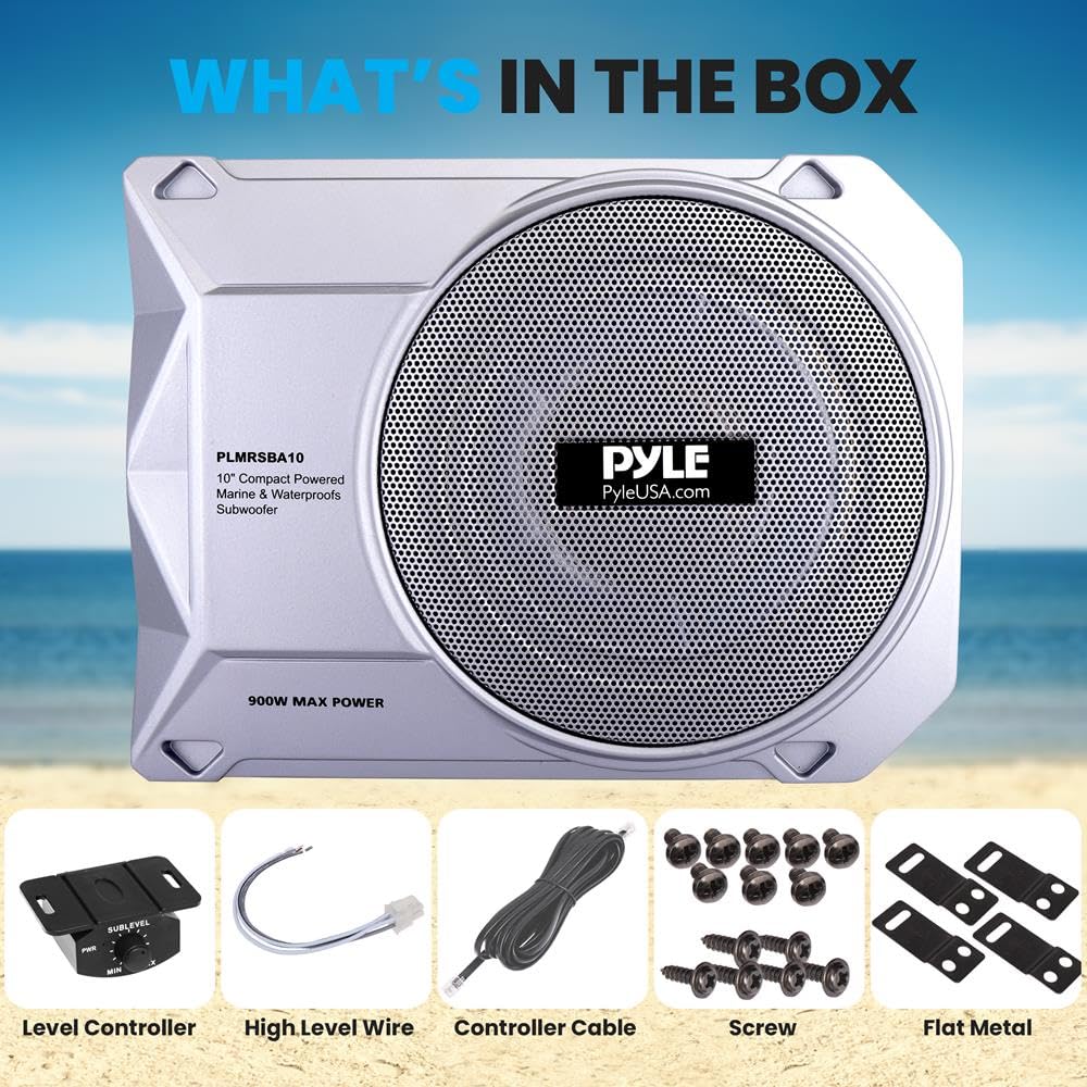 Pyle 10-Inch Low-Profile Amplified Subwoofer System - 900 Watt Compact Enclosed Active Marine Underseat Car Subwoofer with Built In Amp, Powered Car Subwoofer w/ Low & High Level Inputs