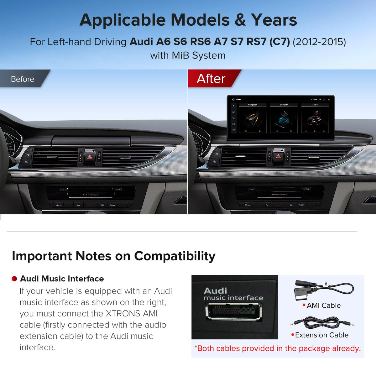XTRONS 12.3 Inch Android 13 Car Stereo for Audi A6 A7 RS6 RS7 S6 S7 C7 (2012-2015) MMI 3G/3G+ System, IPS Touch Screen 4+64GB Global 4G Car Radio GPS Navigation Support Wireless CarPlay Android Auto
