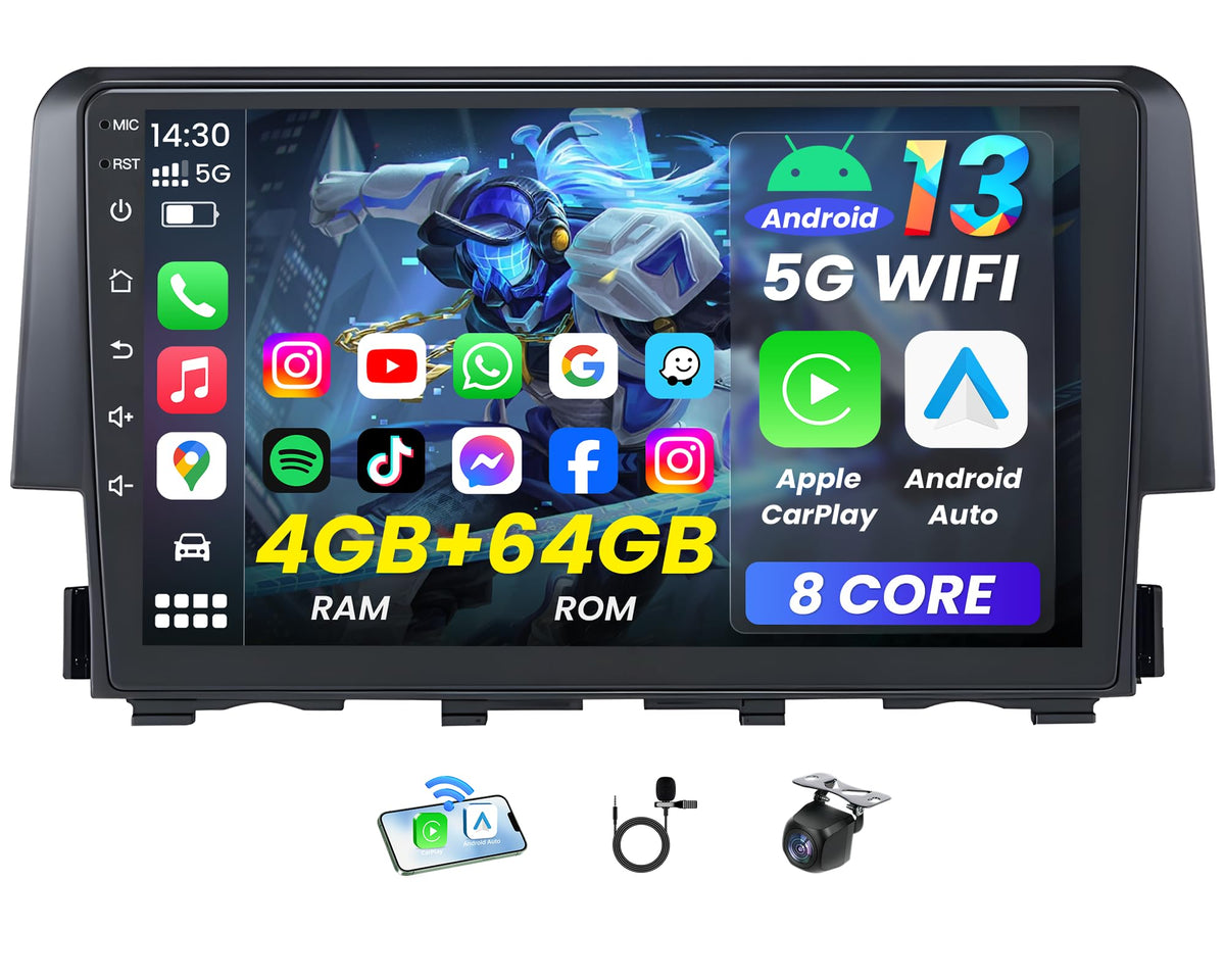 [8Core 4GB RAM 64GB ROM] Car Radio for Honda Civic 2016-2021: 9" 1280 * 800 HD Touchscreen Stereo with Wireless Carplay Android Auto 5G WiFi GPS Bluetooth FM AM DSP SWC 1080P Backup Camera