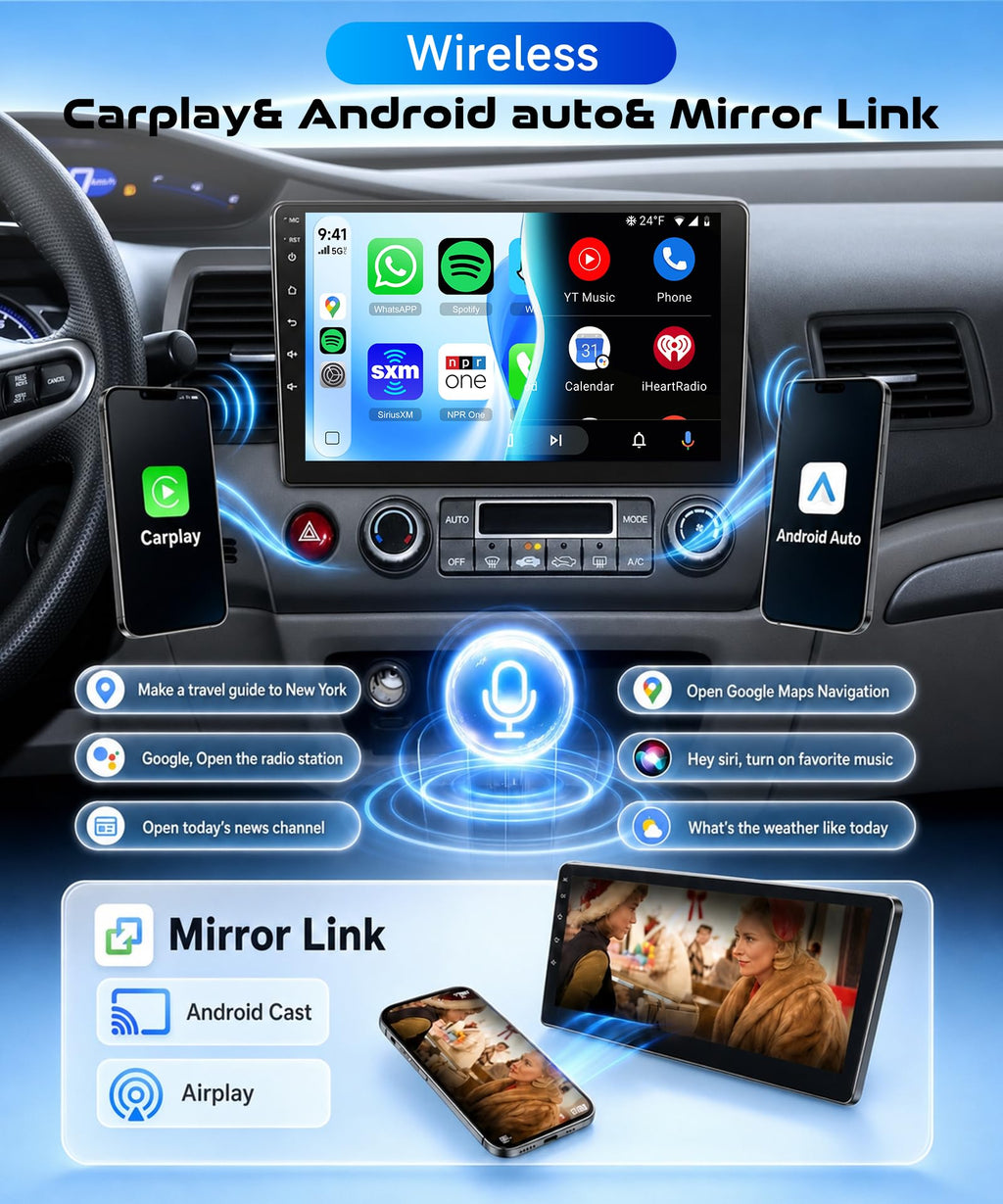 8 CORE 6G+128G Car Radio Stereo for Honda Civic 2006-2011 with Wireless CarPlay Android Auto, 10.1 Inch 1280 * 720P IPS Touch Screen Android 15 GPS 5Ghz-WiFi Bluetooth 32-Band DSP SWC Backup Camera
