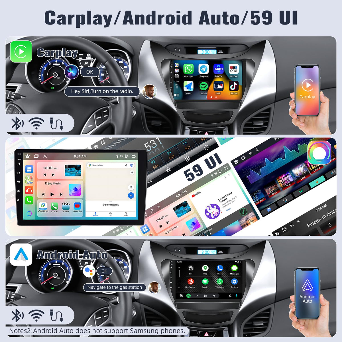 SIXWIN Android 13 6G+128G Car Stereo for Hyundai Elantra 2011 2012 2013 9 Inch Touch Screen Car Radio with CarPlay Android Auto Bluetooth Weather Forecast 59UI GPS Navigation WiFi Network Radio 32EQ