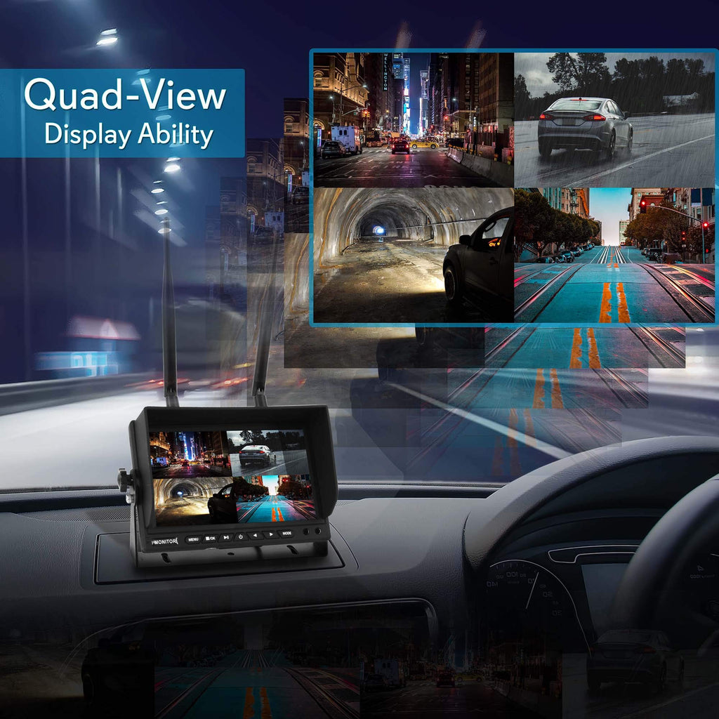Pyle Wireless Backup Rearview Dash Camera - Waterproof Car Parking Rear View Reverse Safety Vehicle Monitor System W/Quad View 7” Video LCD, DVR Recording, Night Vision - Remote Control - PLCMTR83QIR