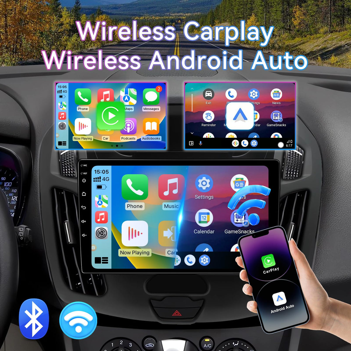 Android 14 Car Radio Compatible with Ford Transit Connect 2014-2018,Touchscreen Car Stereo with Wireless Carplay Android Auto,FM,Multimedia Receiver with GPS Bluetooth ＆ Backup Camera(9 Inch