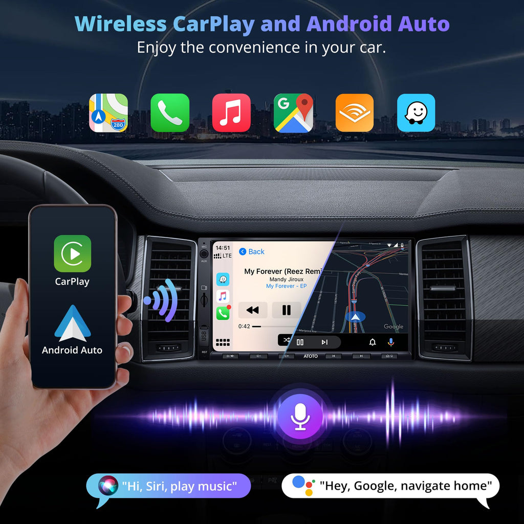 F7WE Double Din Car Stereo with Backup Camera, 7inch Wireless CarPlay Touch Screen in-Dash Video Receivers, Wireless Android Auto, Bluetooth 5.3 Car Play Radio, FM/AM/USB/AUX, MirrorLink