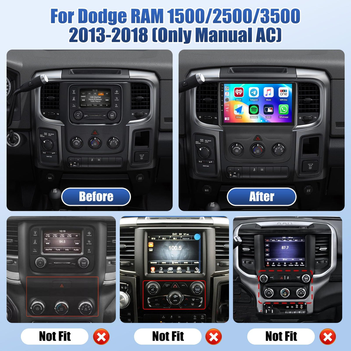 SIXTOP [8 Core 4G+64G] Car Radio for Dodge RAM 1500 2500 3500 2013-2018 Wireless CarPlay Android Auto AHD 1080P Backup Camera 9 inch HD Touchscreen Android 15 WiFi GPS Bluetooth 5.0, FM/RDS, DSP, SWC