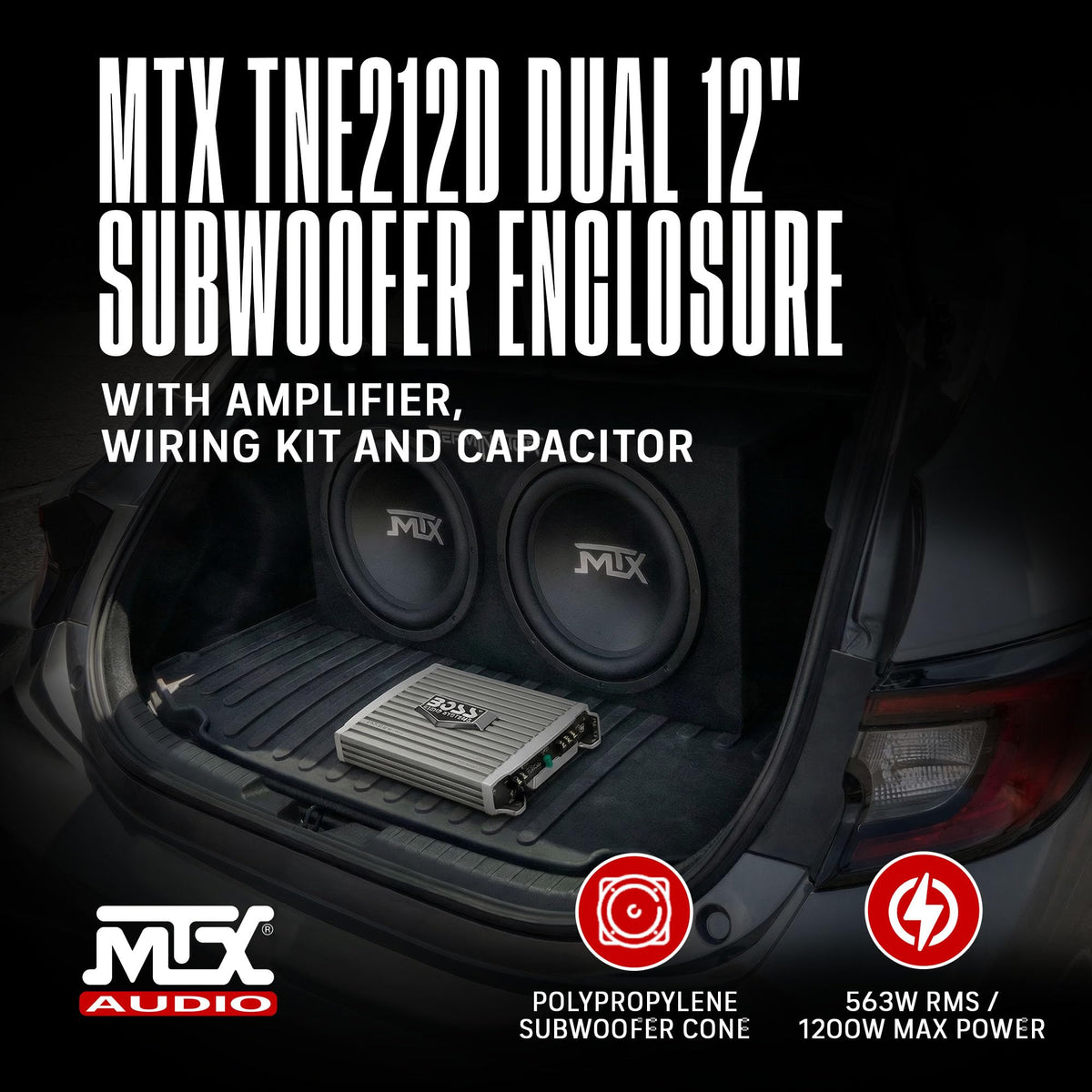 MTX Terminator Dual 12" Subwoofer Box w/Amp, Wiring Kit, & Capacitor