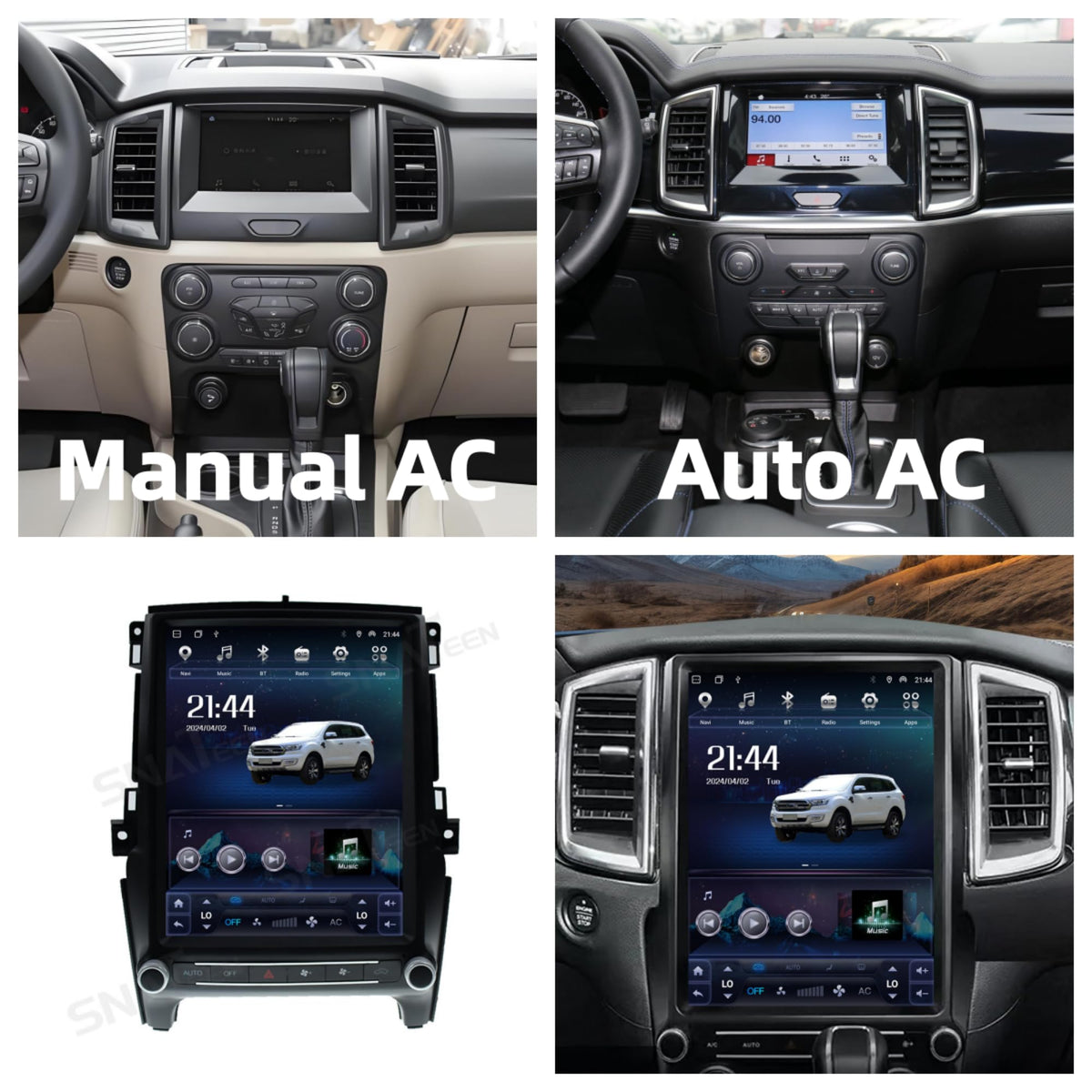 12.1 Inch Vertical Touch Screen Car Radio, 2+32GB GPS Navigation Multimedia Player Replacement for Ford Everest Ranger 2015-2021 (Auto AC Models) Upgrade Tesla Style Head Unit